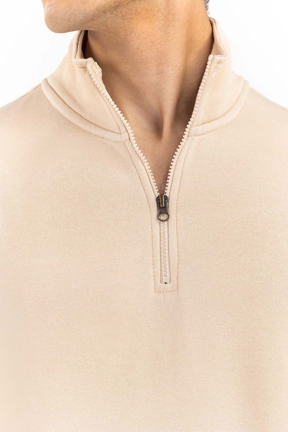 Ecru Basic Quarter Zip Mock Neck SweatShirt JKT-KNTMNZ22-089