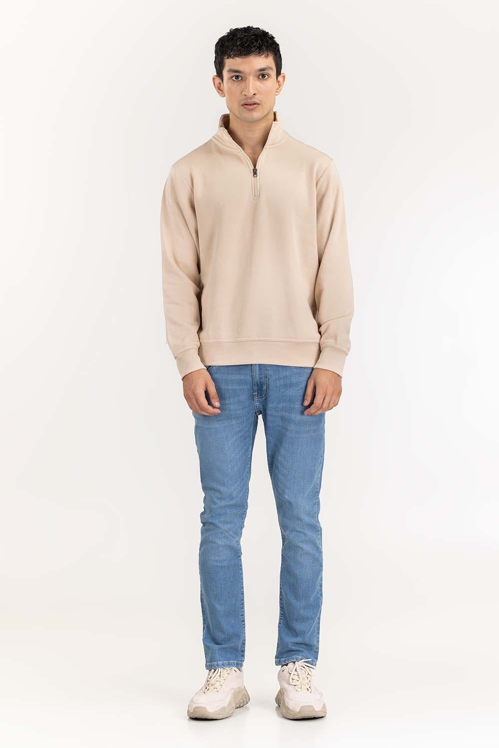 Ecru Basic Quarter Zip Mock Neck SweatShirt JKT-KNTMNZ22-089