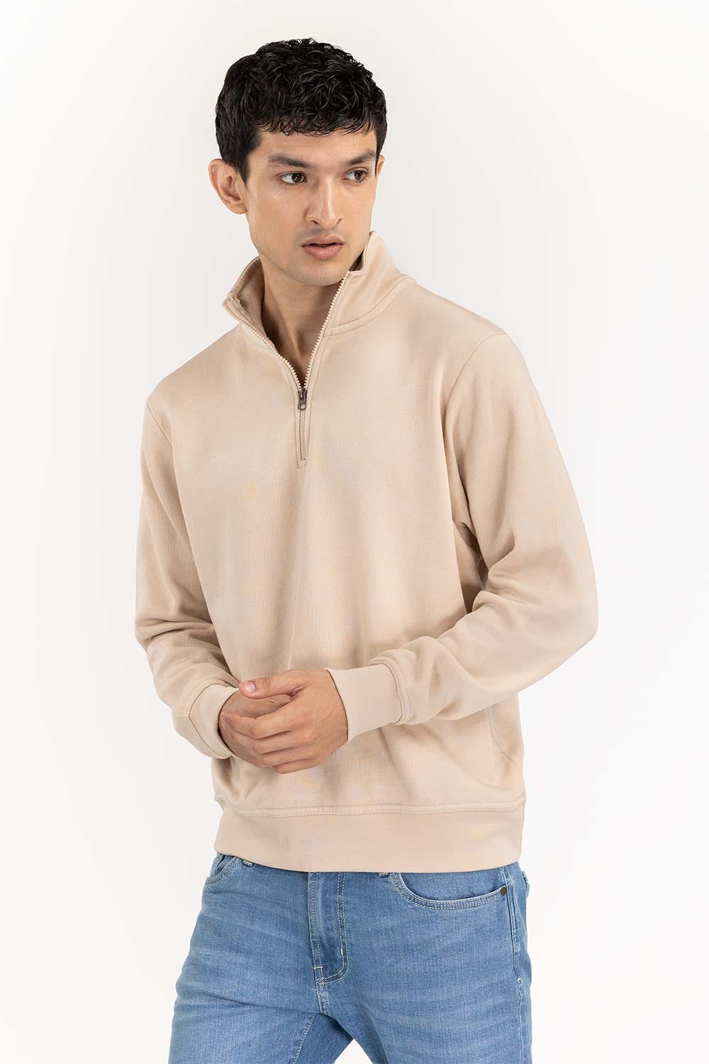 Ecru Basic Quarter Zip Mock Neck SweatShirt JKT-KNTMNZ22-089