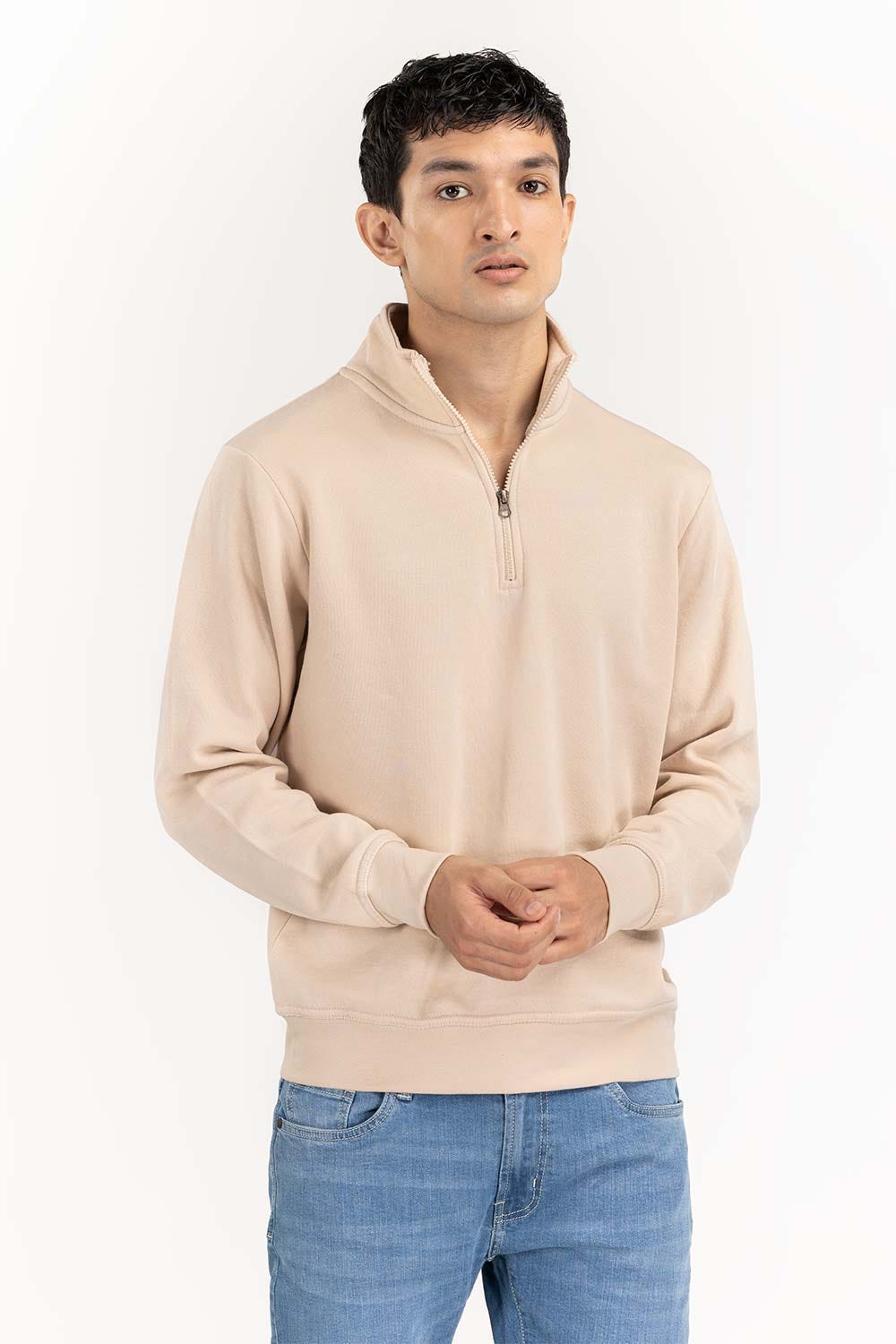 Ecru Basic Quarter Zip Mock Neck SweatShirt JKT-KNTMNZ22-089