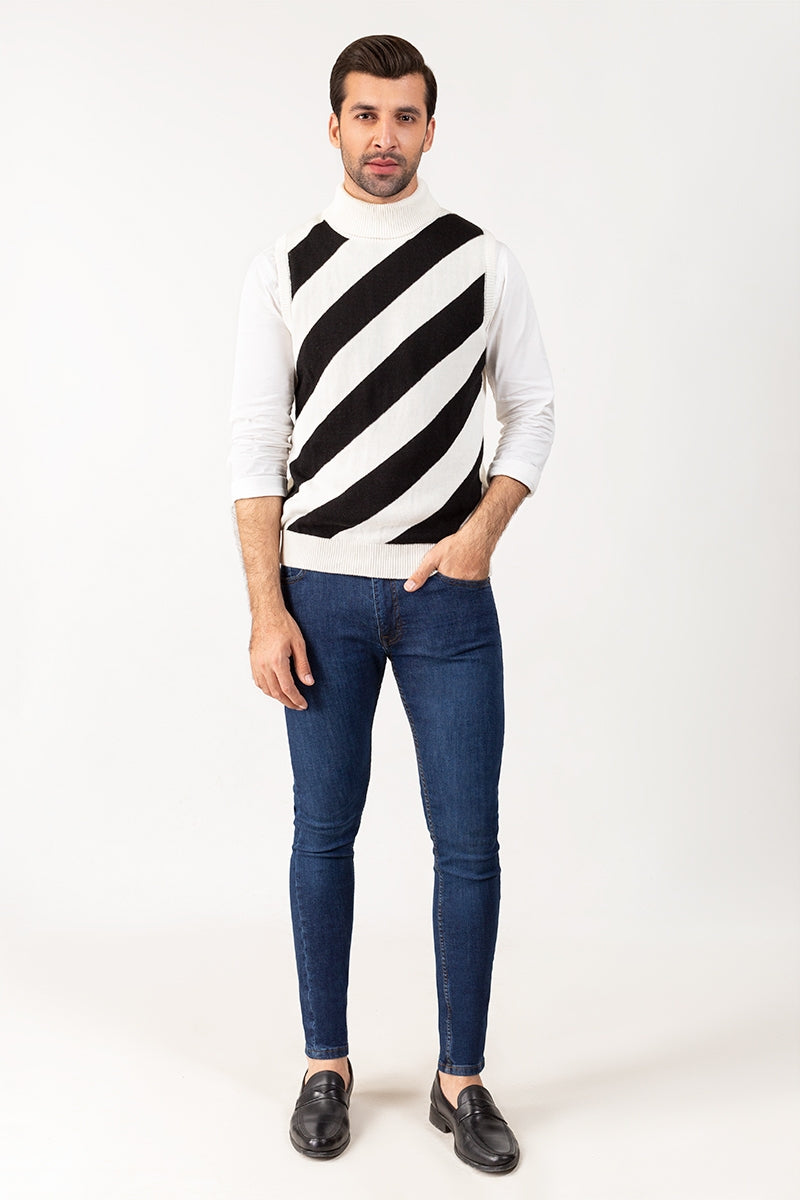 Ecru Black Sleeveless Sweater SL-SWT-FD-24-01