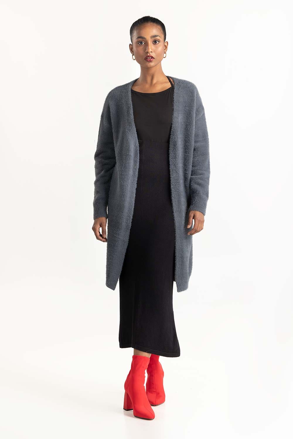 Grey Soft Knit Open Cardigan 224-211-060