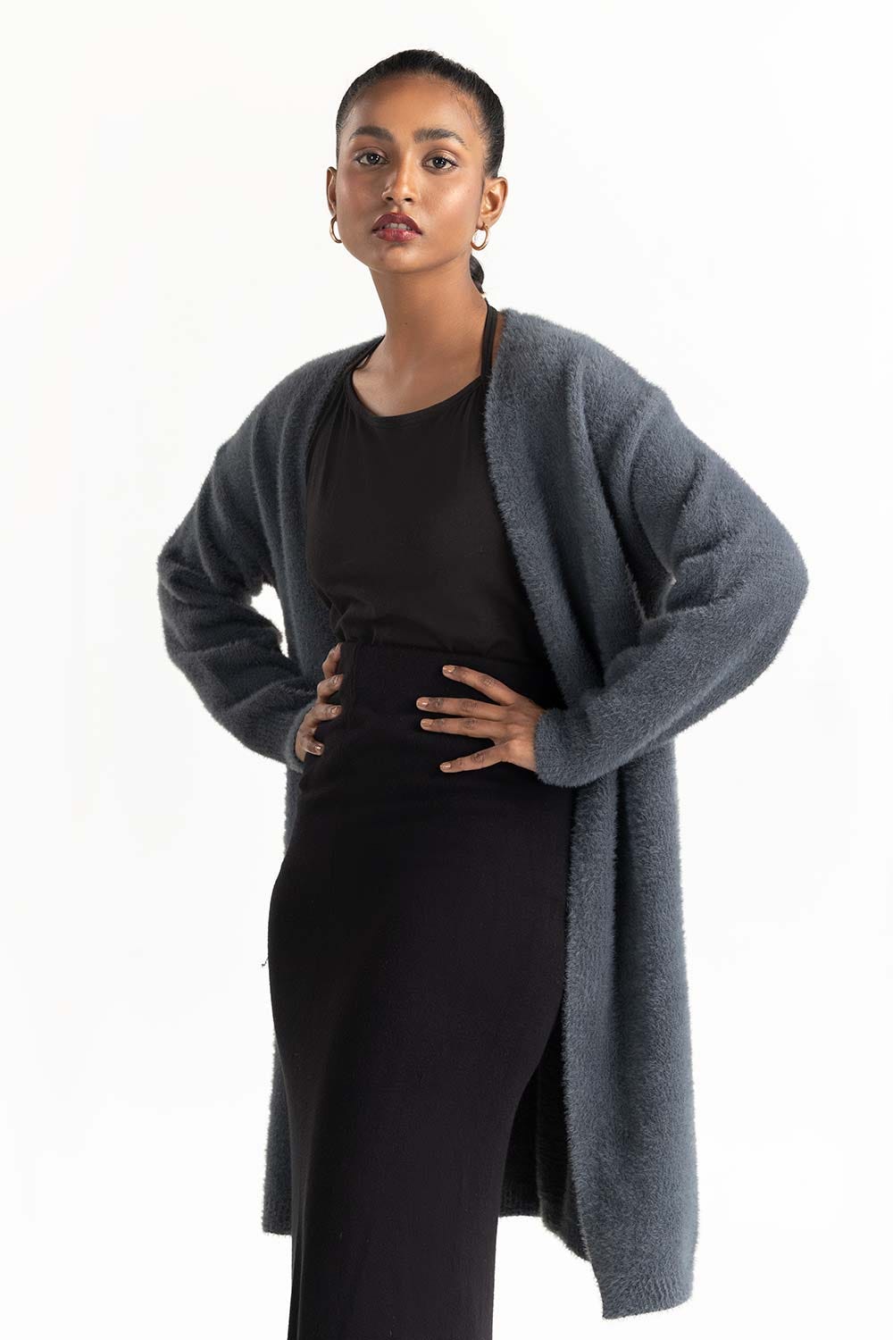 Grey Soft Knit Open Cardigan 224-211-060