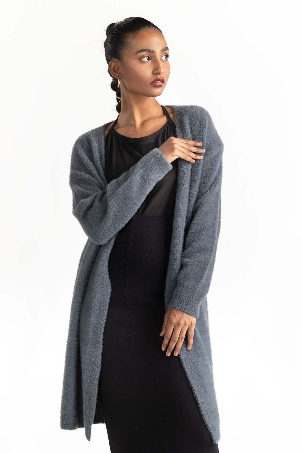 Grey Soft Knit Open Cardigan 224-211-060