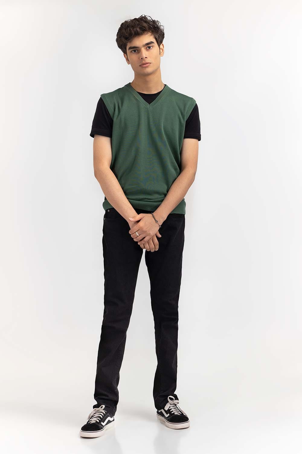 Green Basic V Neck Sleeveless Sweater SWT-BSLVN-22-007