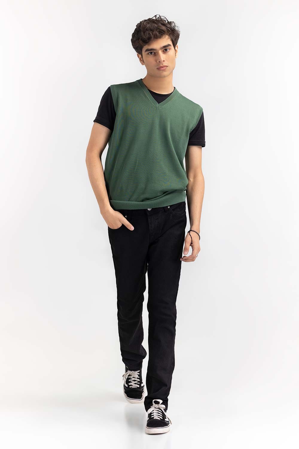 Green Basic V Neck Sleeveless Sweater SWT-BSLVN-22-007