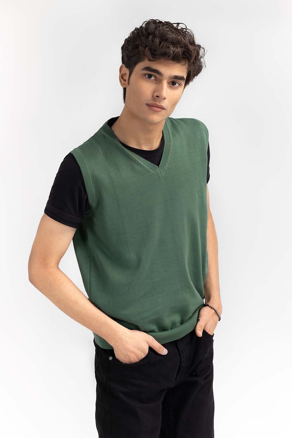 Green Basic V Neck Sleeveless Sweater SWT-BSLVN-22-007