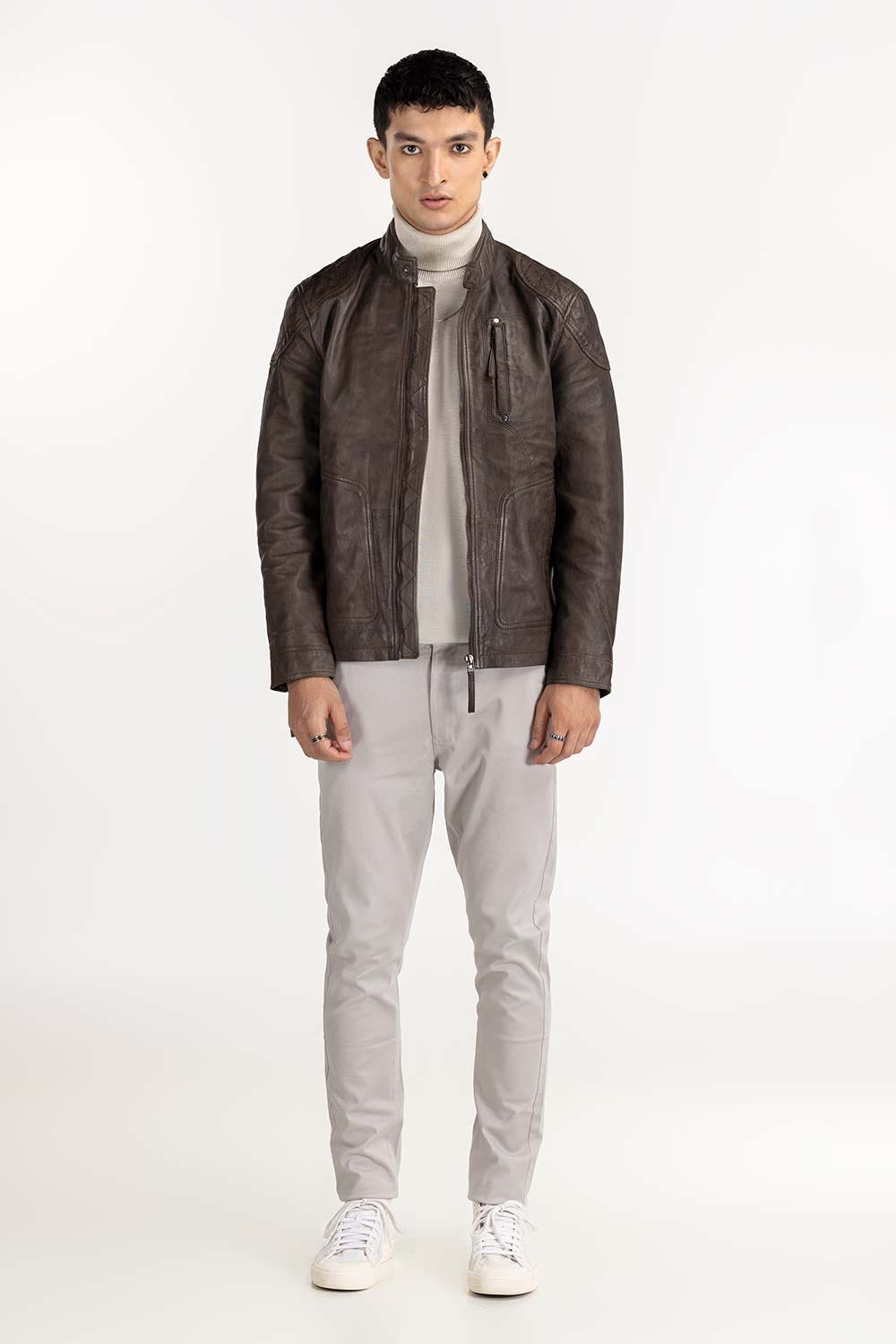 Green Leather Moto Racer Jacket JKT-LTH22-057