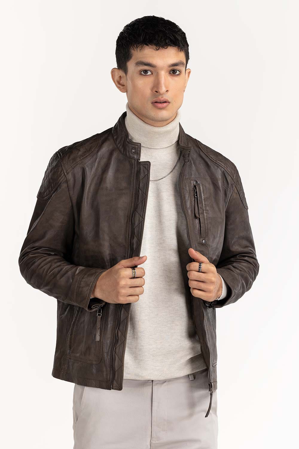 Green Leather Moto Racer Jacket JKT-LTH22-057