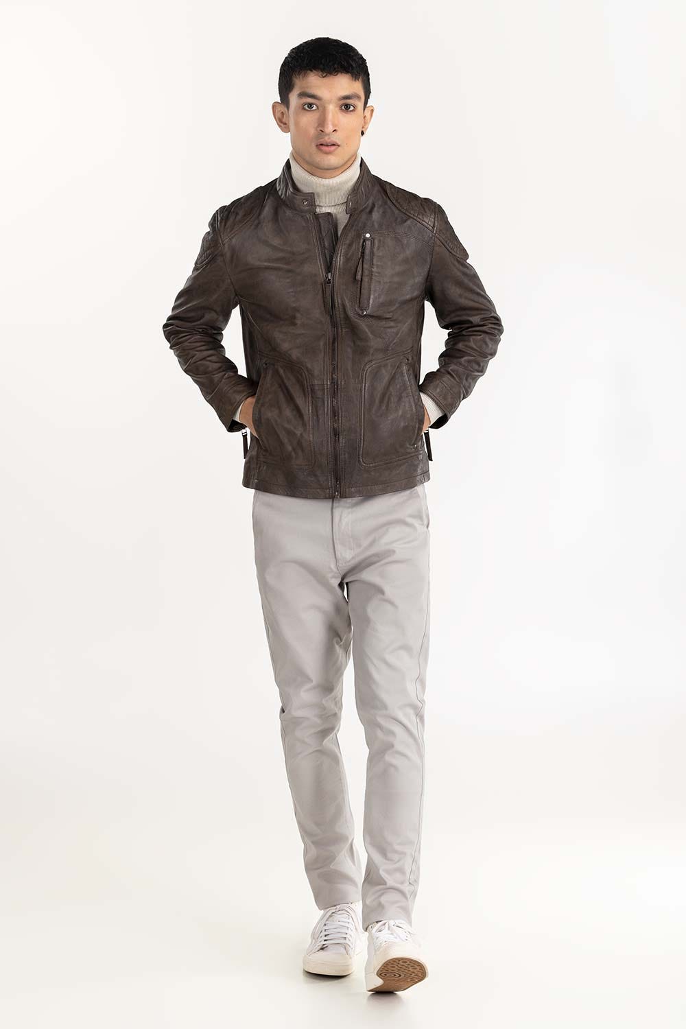 Green Leather Moto Racer Jacket JKT-LTH22-057