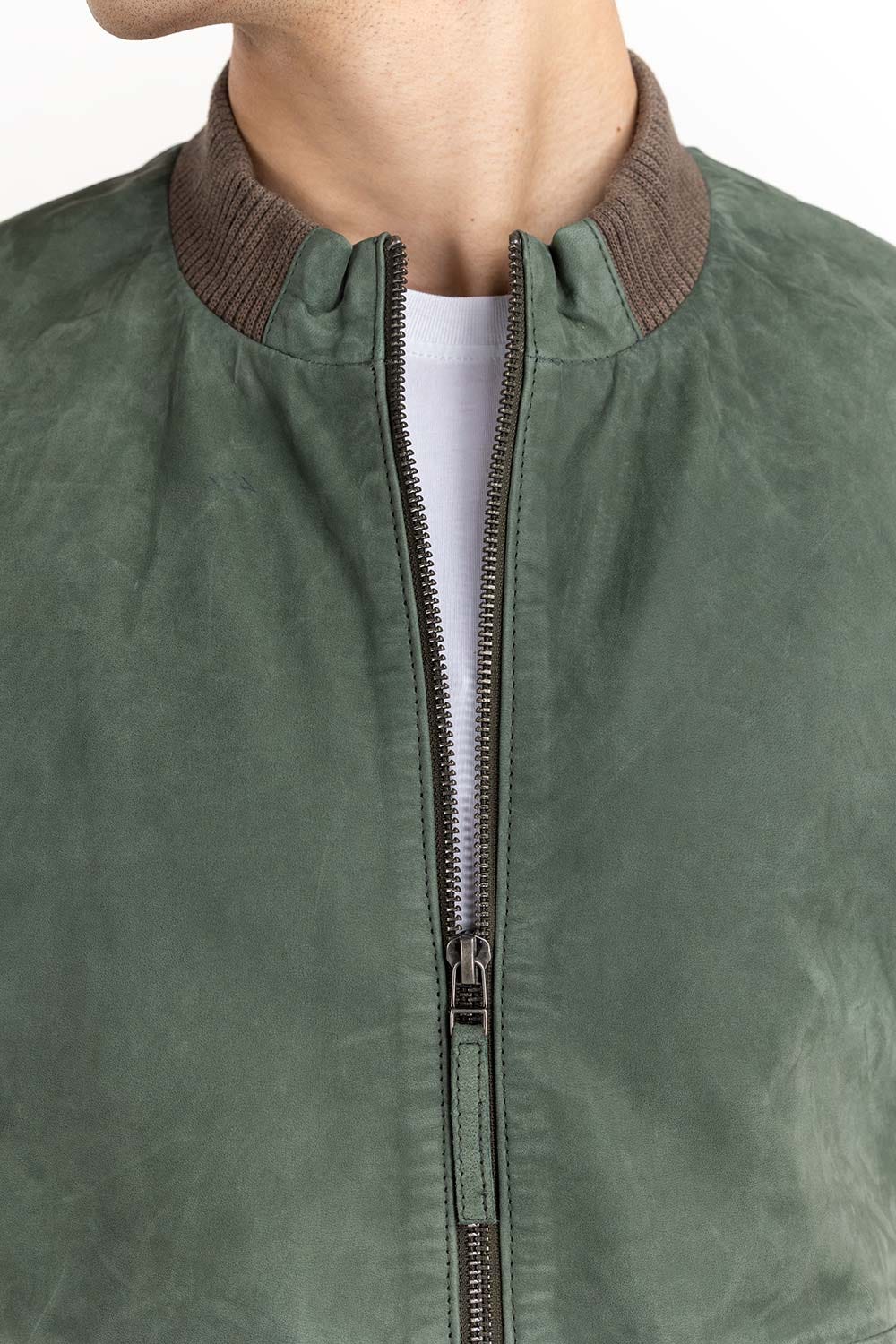 Green Suede Leather Bomber Jacket JKT-LTH22-041