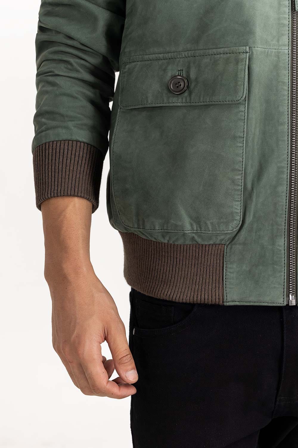 Green Suede Leather Bomber Jacket JKT-LTH22-041