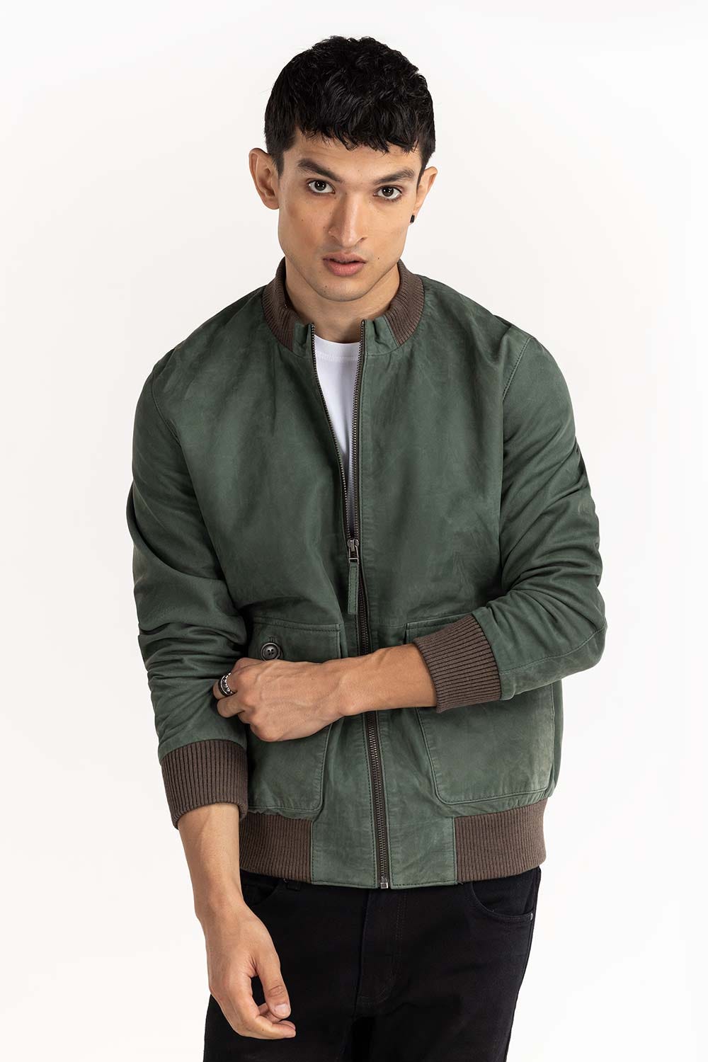 Green Suede Leather Bomber Jacket JKT-LTH22-041