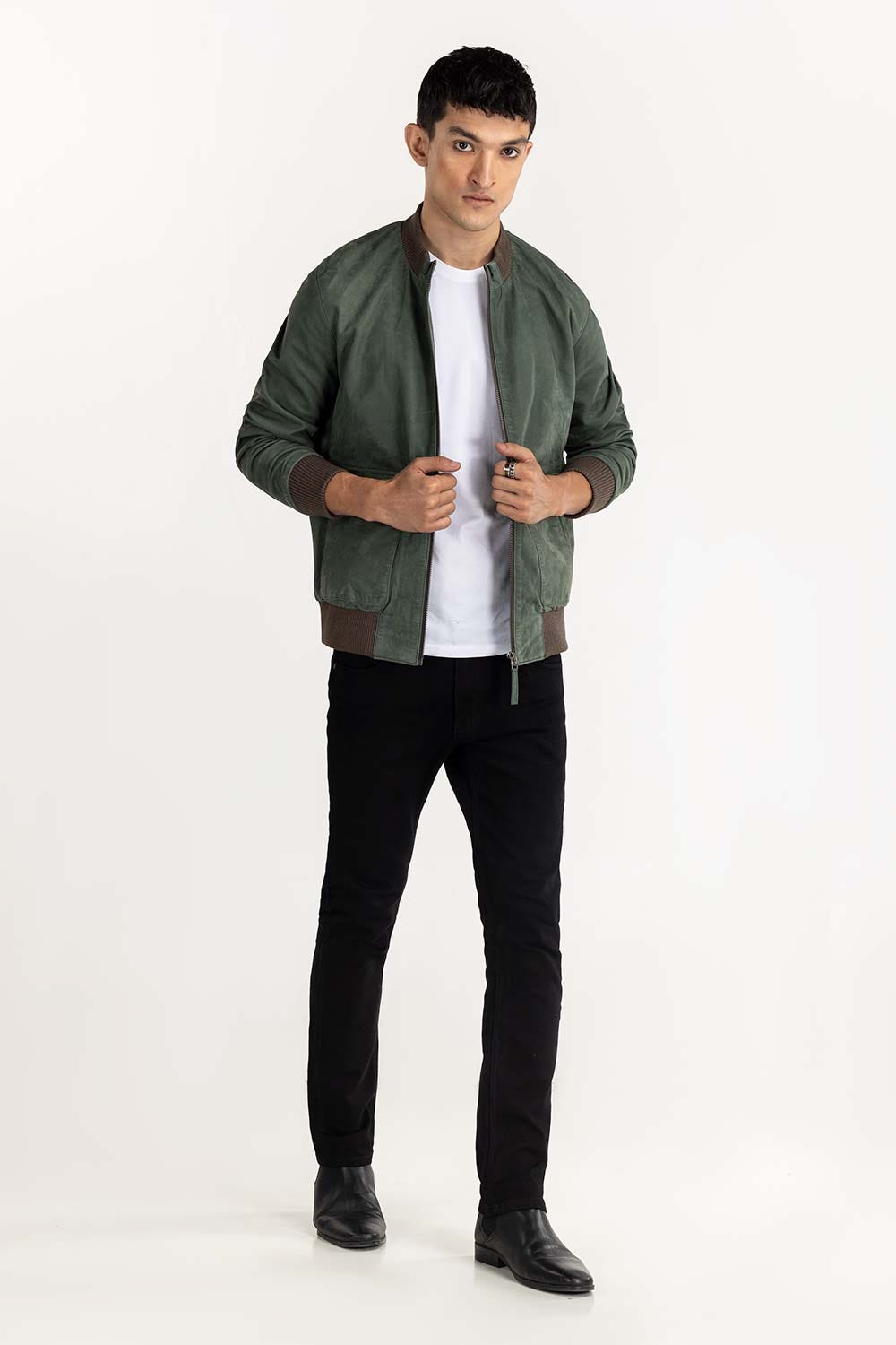 Green Suede Leather Bomber Jacket JKT-LTH22-041