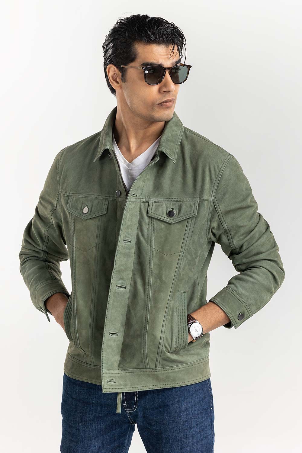 Green Suede Leather Trucker Jacket JKT-LTH22-048