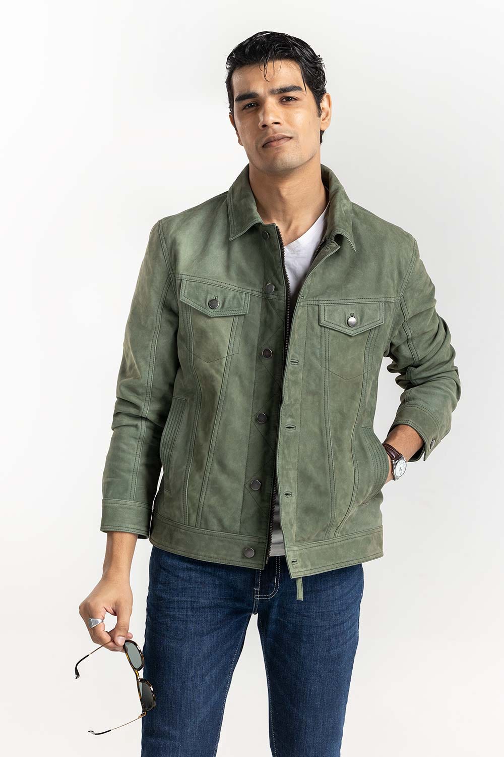 Green Suede Leather Trucker Jacket JKT-LTH22-048