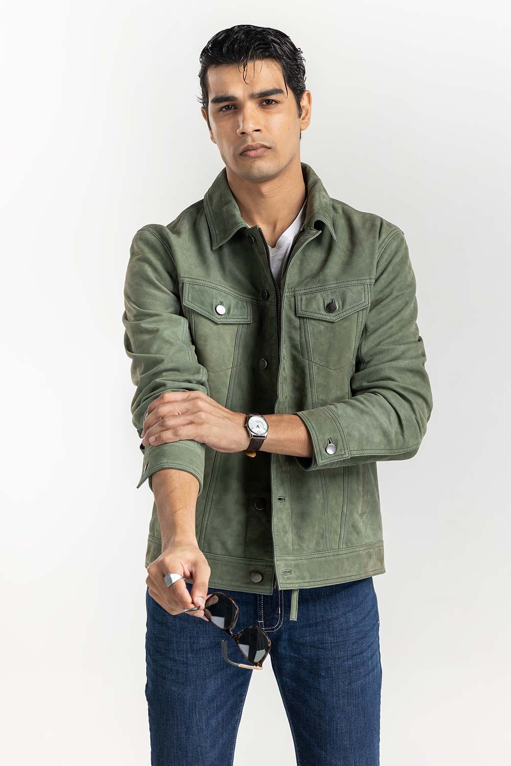 Green Suede Leather Trucker Jacket JKT-LTH22-048