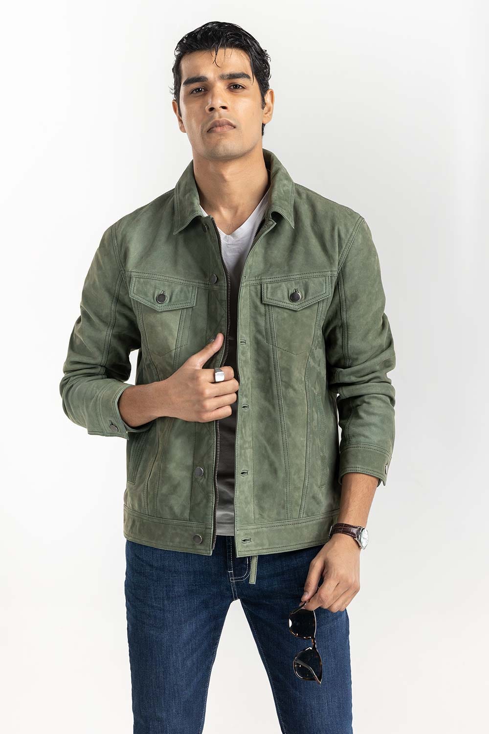 Green Suede Leather Trucker Jacket JKT-LTH22-048