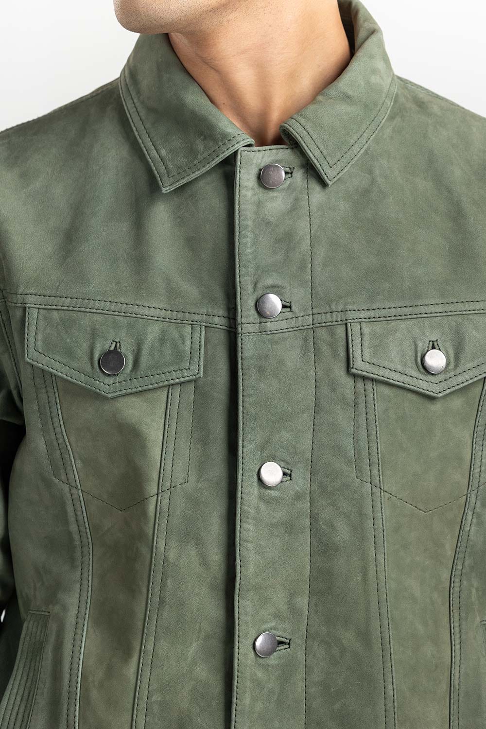 Green Suede Leather Trucker Jacket JKT-LTH22-048