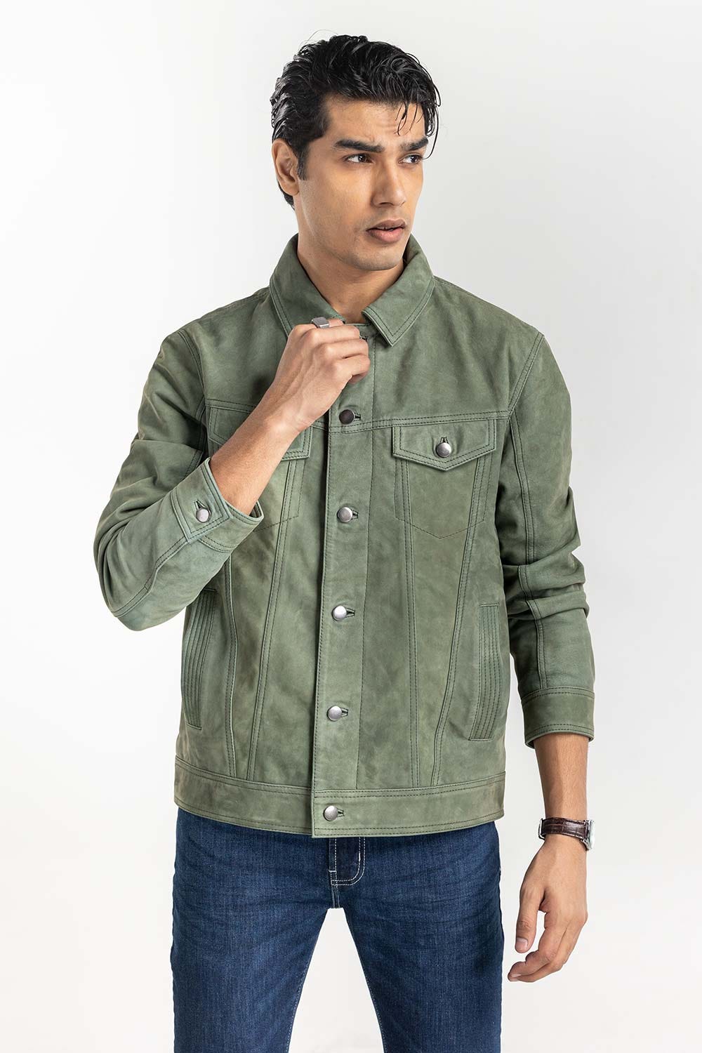 Green Suede Leather Trucker Jacket JKT-LTH22-048