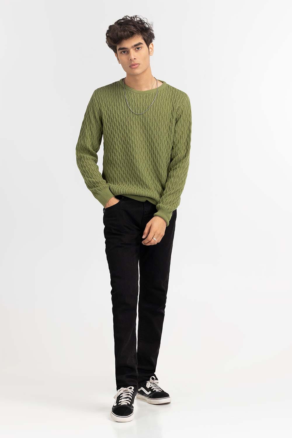 Green Textured Crew Neck Sweater SWT-FFSCN22-174