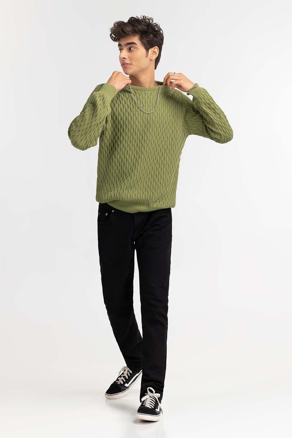 Green Textured Crew Neck Sweater SWT-FFSCN22-174