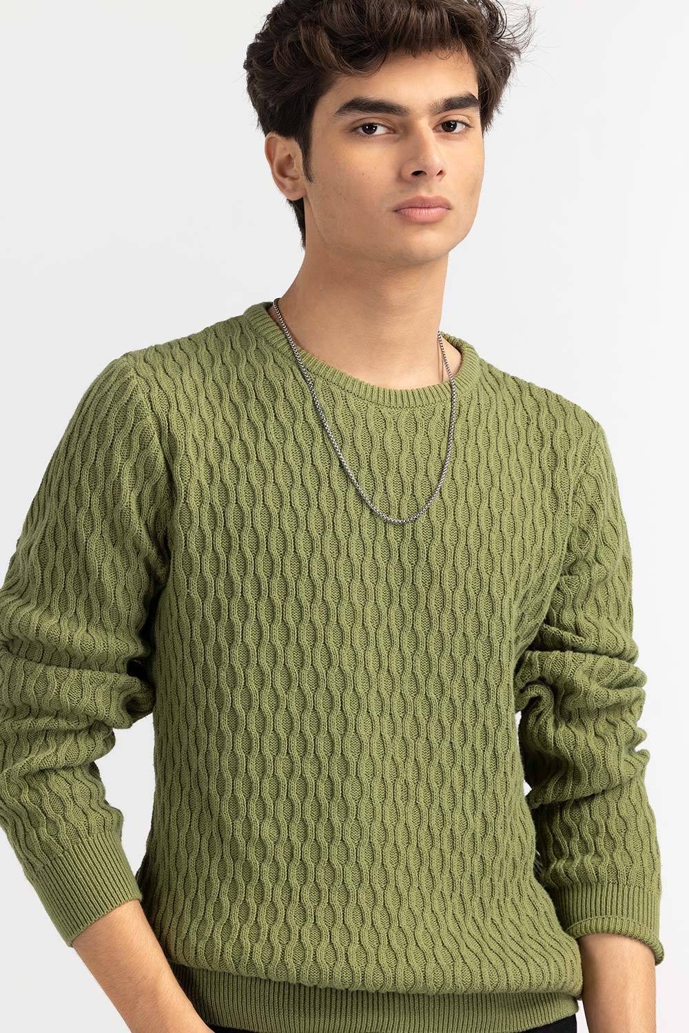 Green Textured Crew Neck Sweater SWT-FFSCN22-174