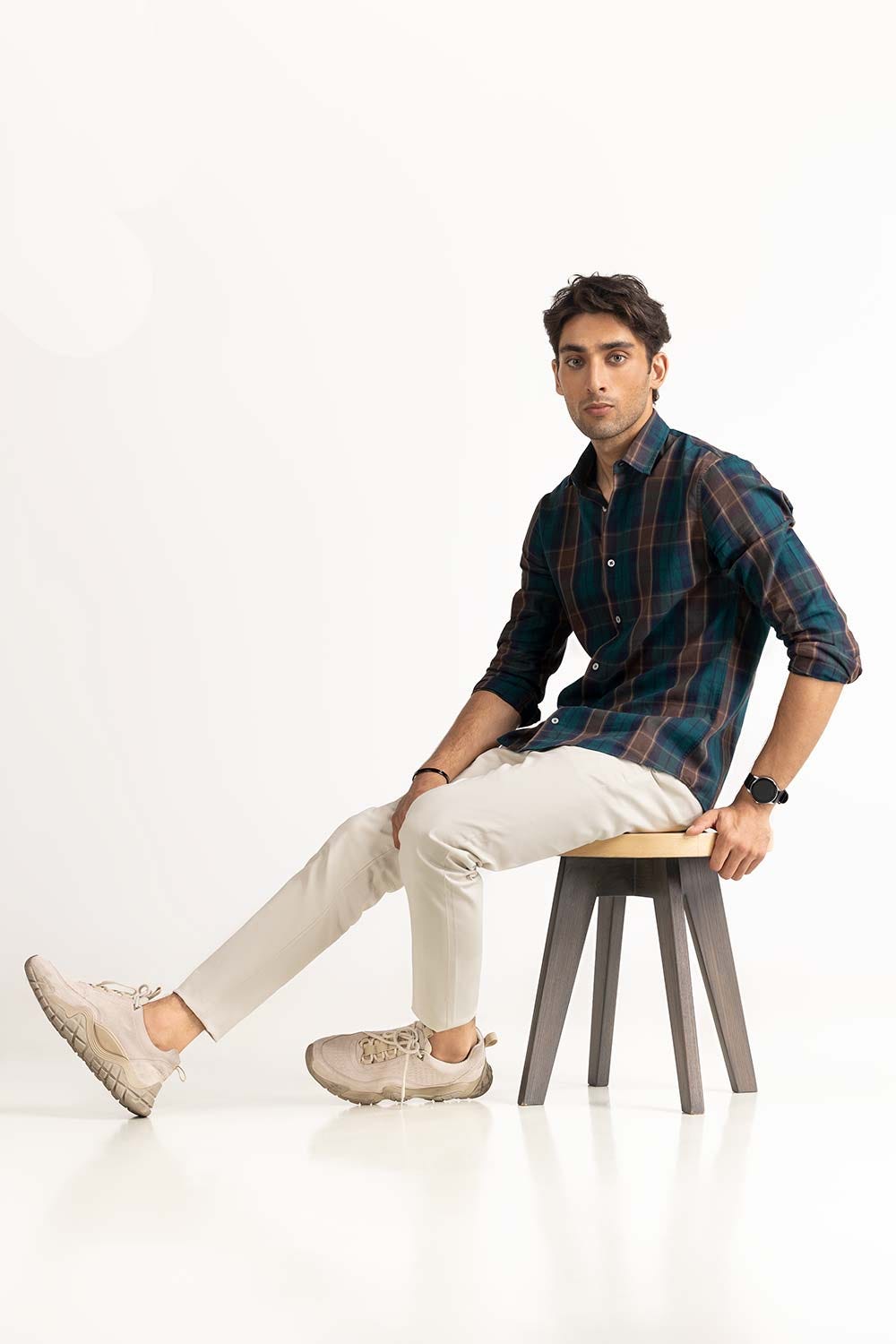 Green Yarn Dyed Checkered Casual Shirt MN-CS-YD23-003