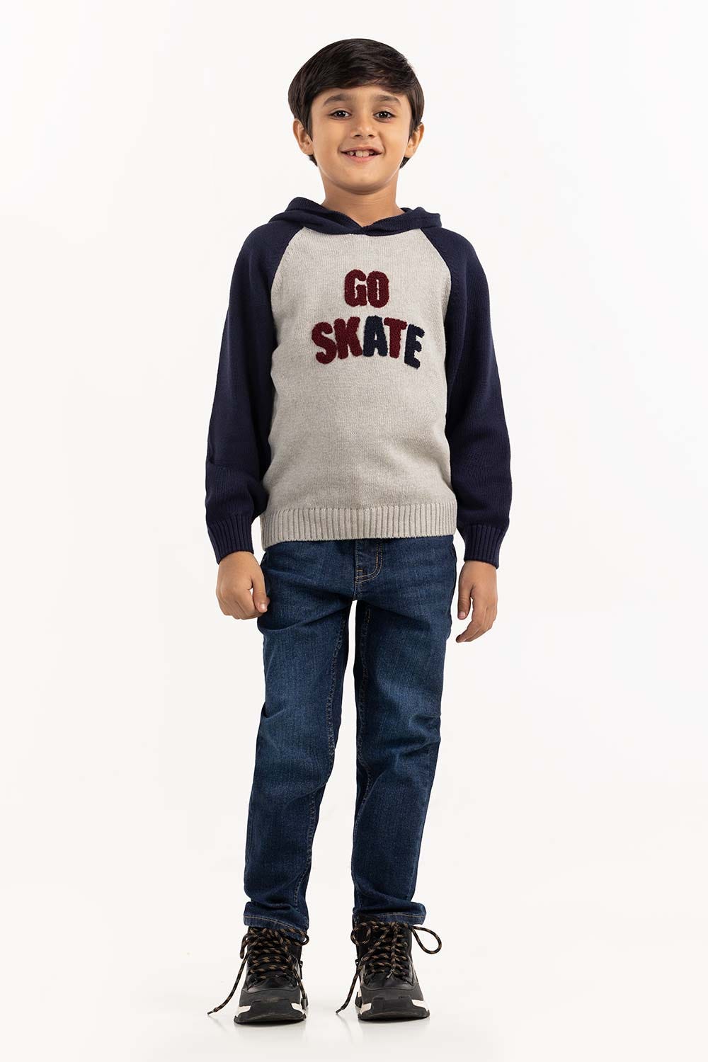 Toddler Boy Grey And Navy Knit Hooded Neck Sweater 224-511-045