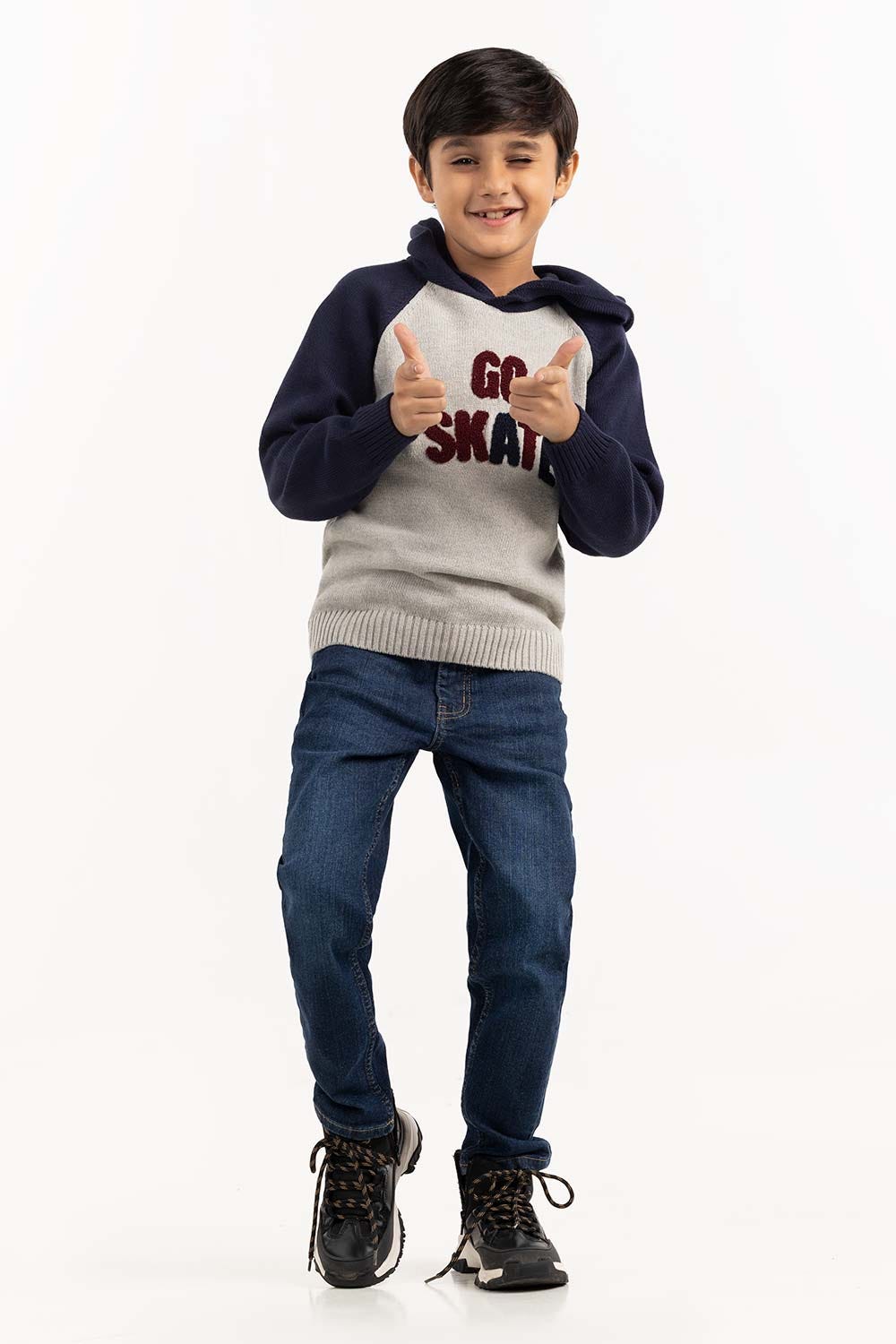 Toddler Boy Grey And Navy Knit Hooded Neck Sweater 224-511-045