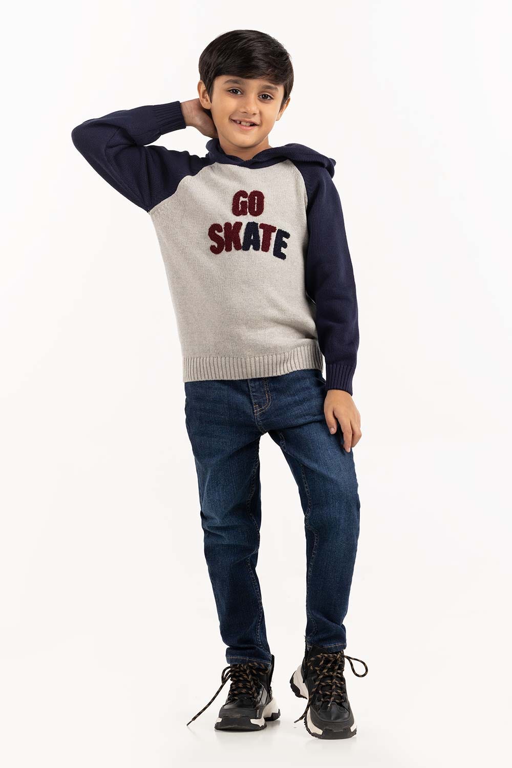 Toddler Boy Grey And Navy Knit Hooded Neck Sweater 224-511-045