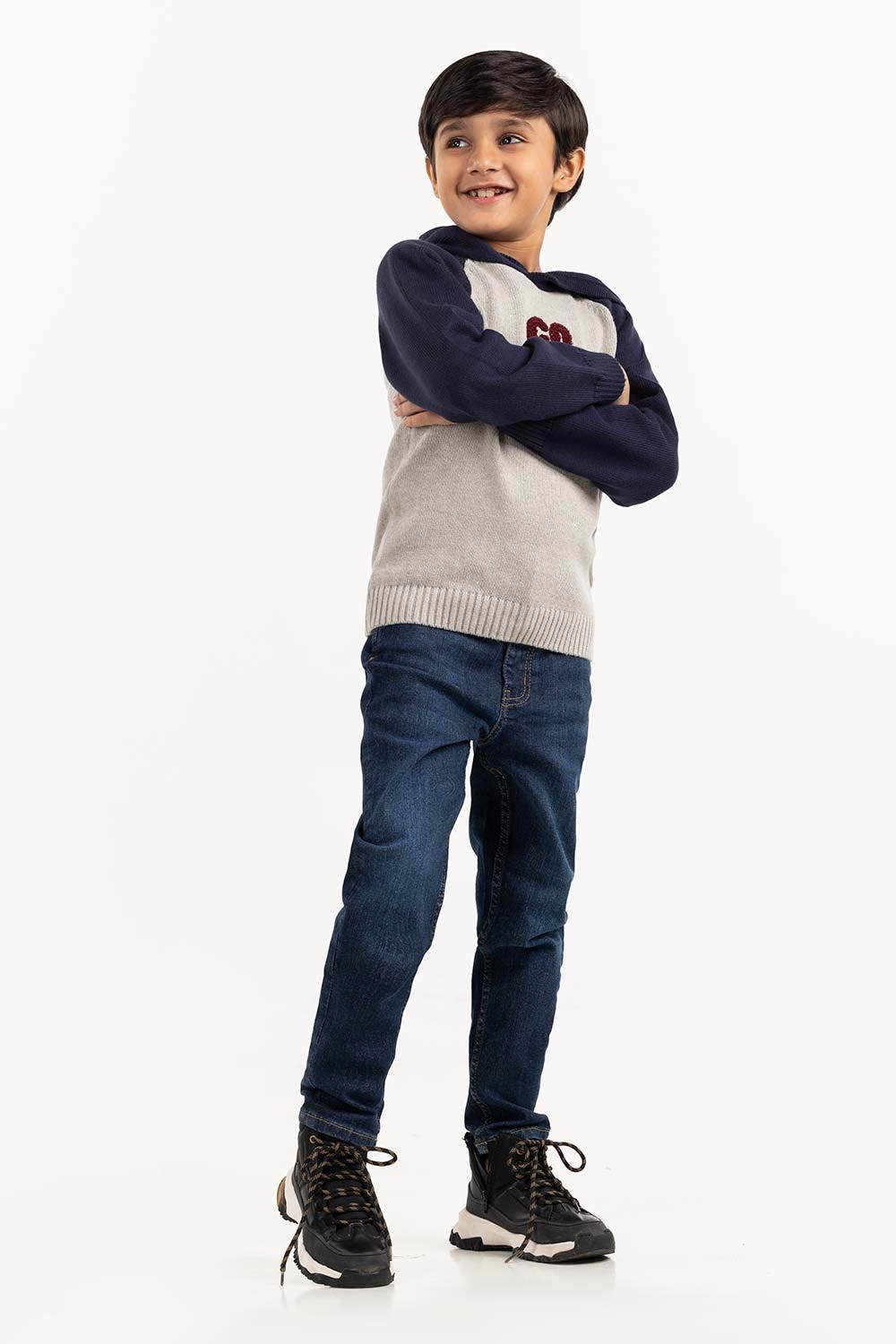 Toddler Boy Grey And Navy Knit Hooded Neck Sweater 224-511-045