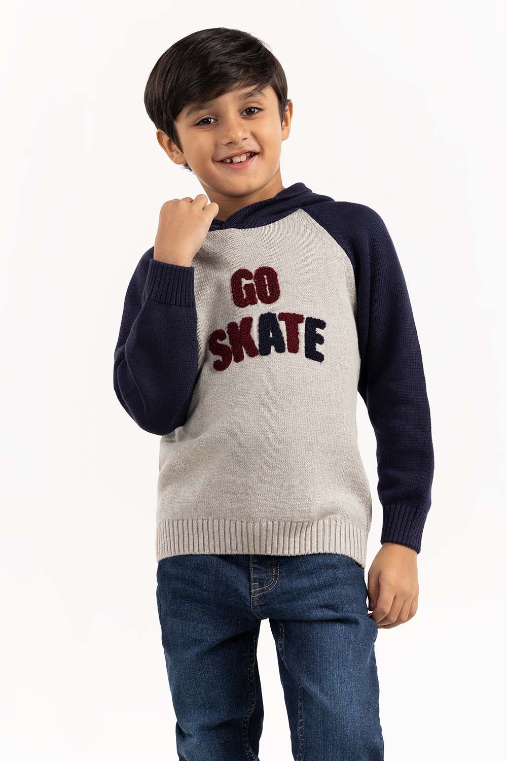 Toddler Boy Grey And Navy Knit Hooded Neck Sweater 224-511-045