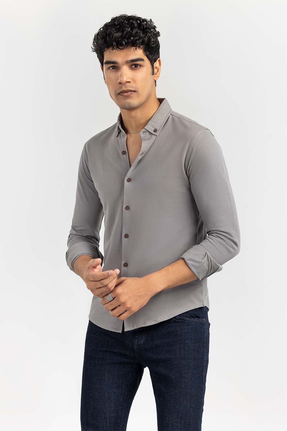Grey Basic Knitted Casual Shirt FS-CS-KNIT-D21