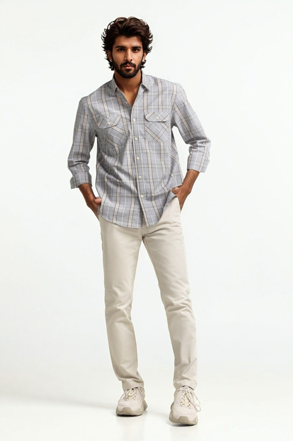 Grey Beige Checkered Casual Shirt MN-CS-SS24-113