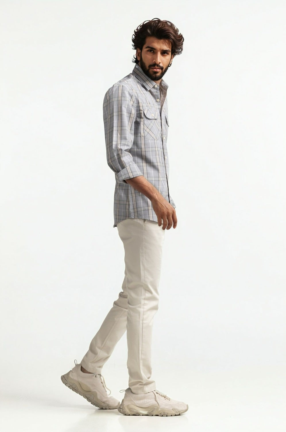 Grey Beige Checkered Casual Shirt MN-CS-SS24-113