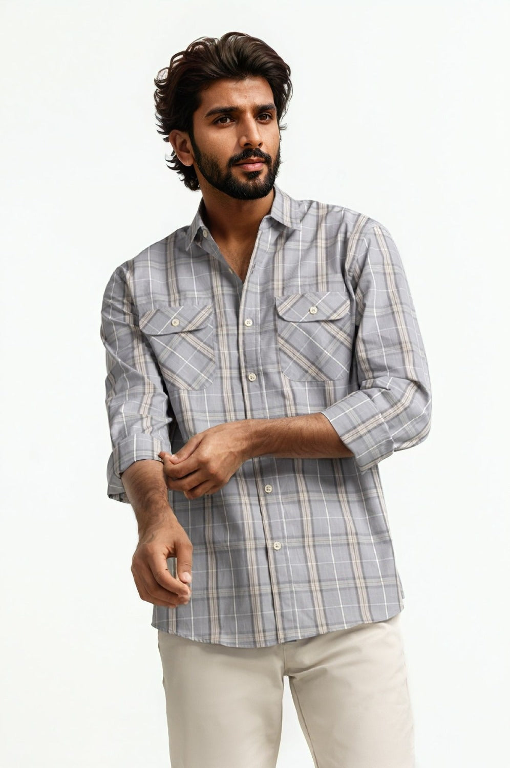 Grey Beige Checkered Casual Shirt MN-CS-SS24-113