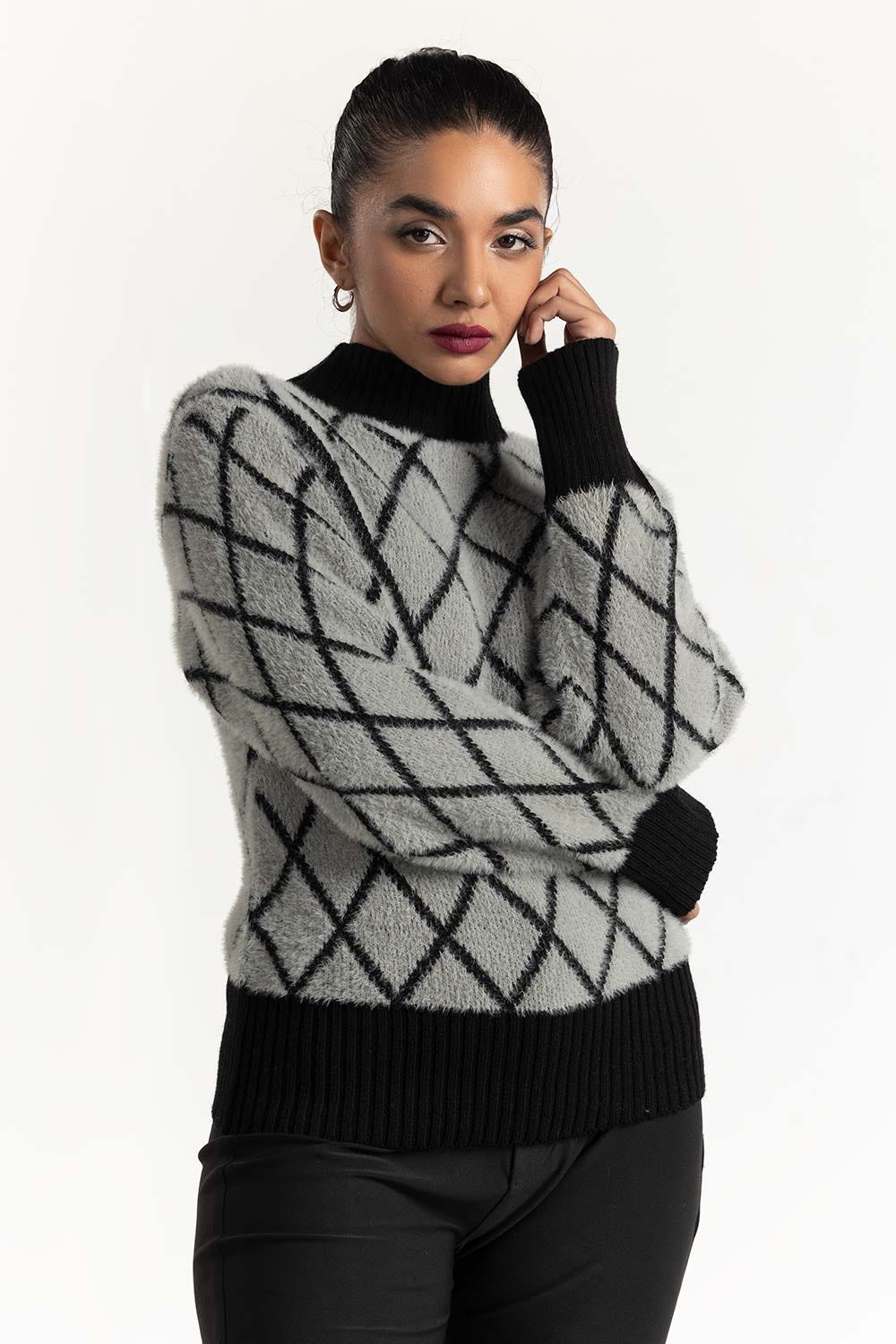 Grey Jacquard Soft Knit Sweater 224-211-050