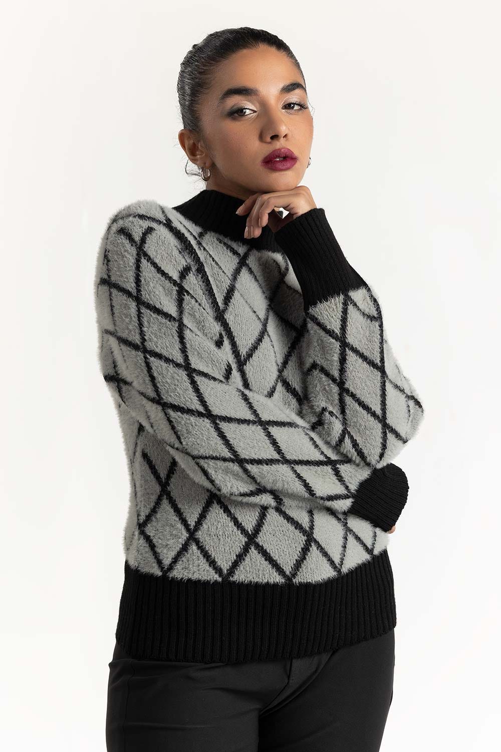 Grey Jacquard Soft Knit Sweater 224-211-050
