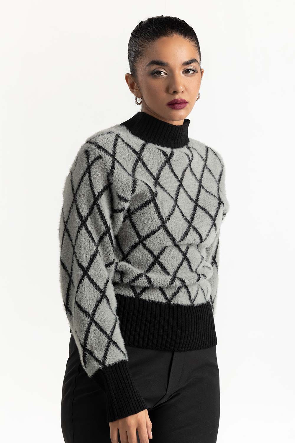 Grey Jacquard Soft Knit Sweater 224-211-050