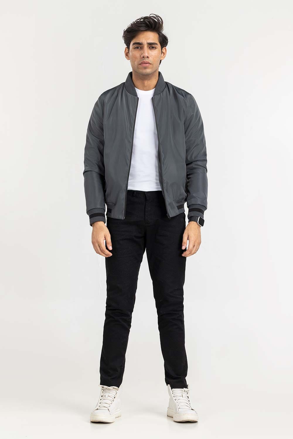 Grey bomber Jacket with rib detail JKT-WOV22-014