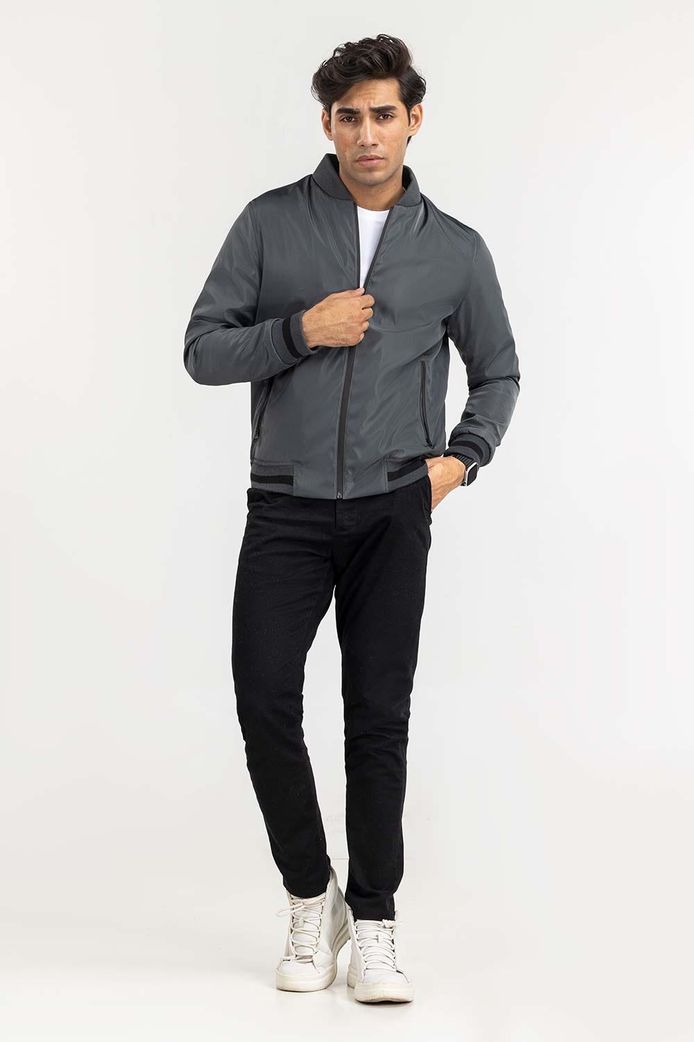 Grey bomber Jacket with rib detail JKT-WOV22-014