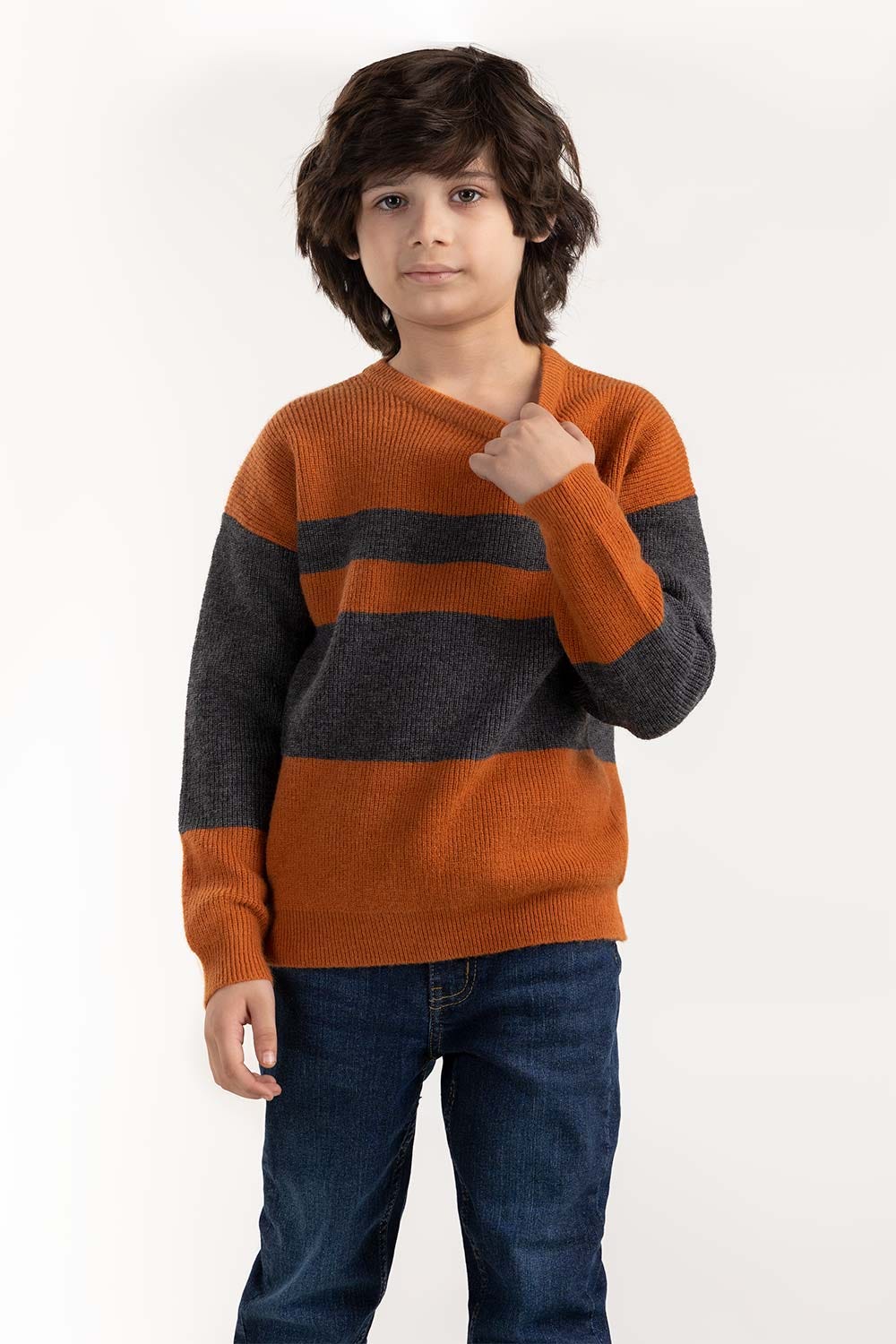 Junior Boy Grey And Rust Knit Sweater 224-311-018