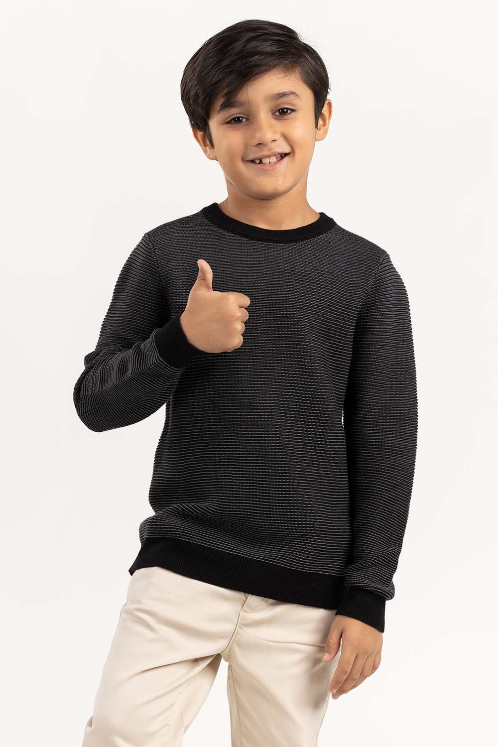 Junior Boy Grey Knit Sweater With A Round Neck 224-311-021