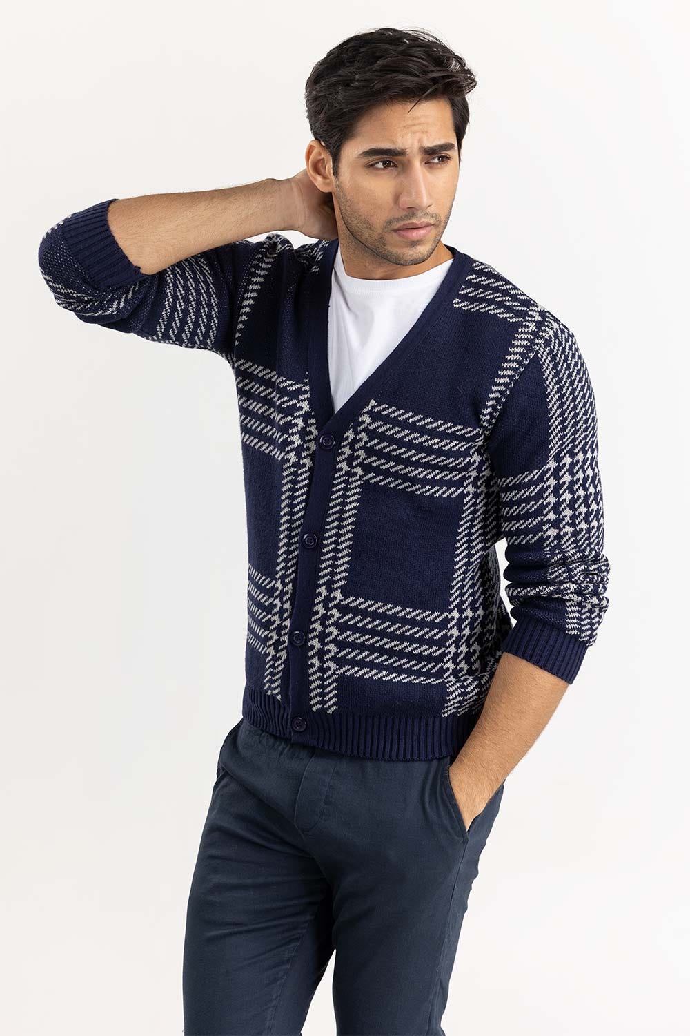 Grey Navy Checkered Cardigan SWT-FFSCD22-183