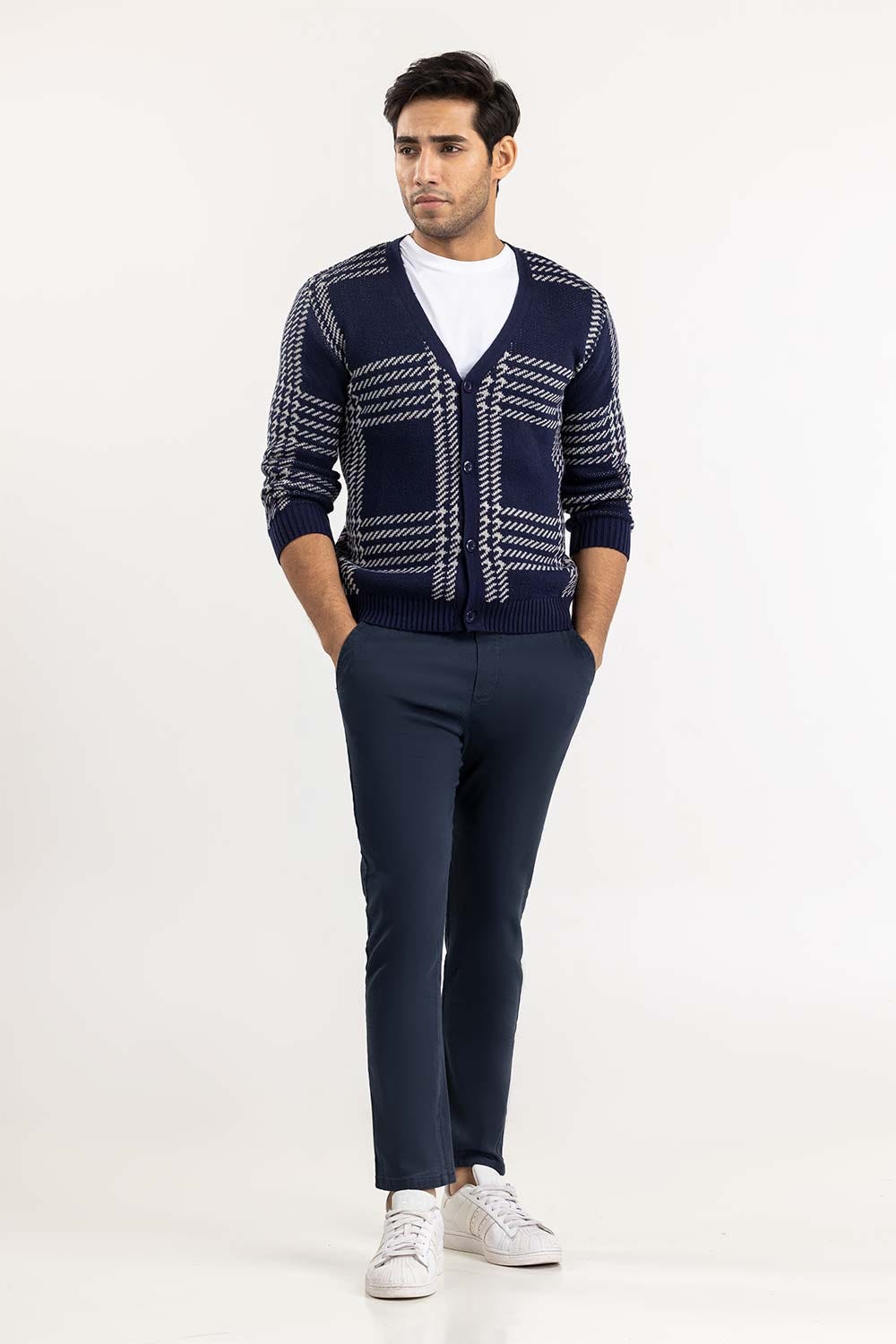 Grey Navy Checkered Cardigan SWT-FFSCD22-183