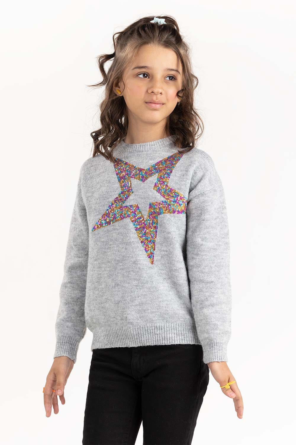 Junior Girl Grey Sweater With Round Neck 224-411-003