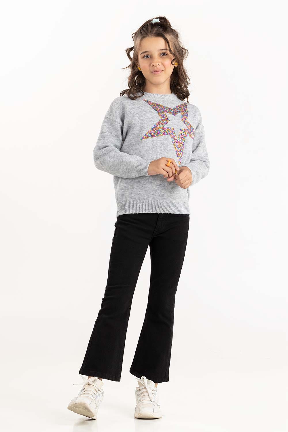 Junior Girl Grey Sweater With Round Neck 224-411-003