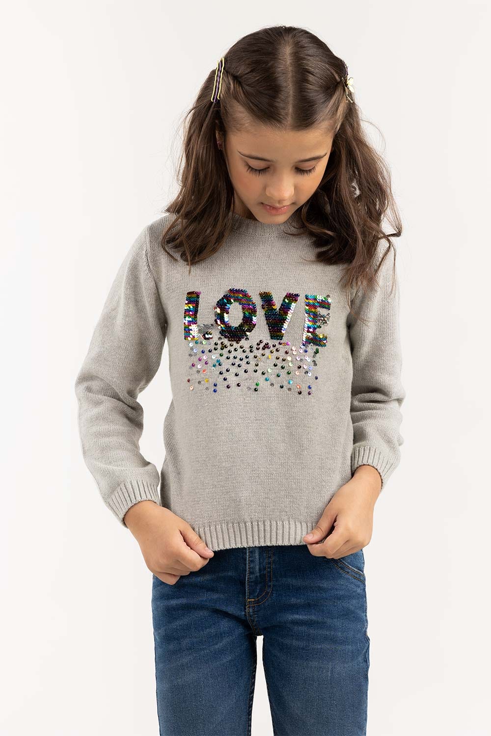 Toddler Girl Grey Sweater With Round Neck 224-611-002
