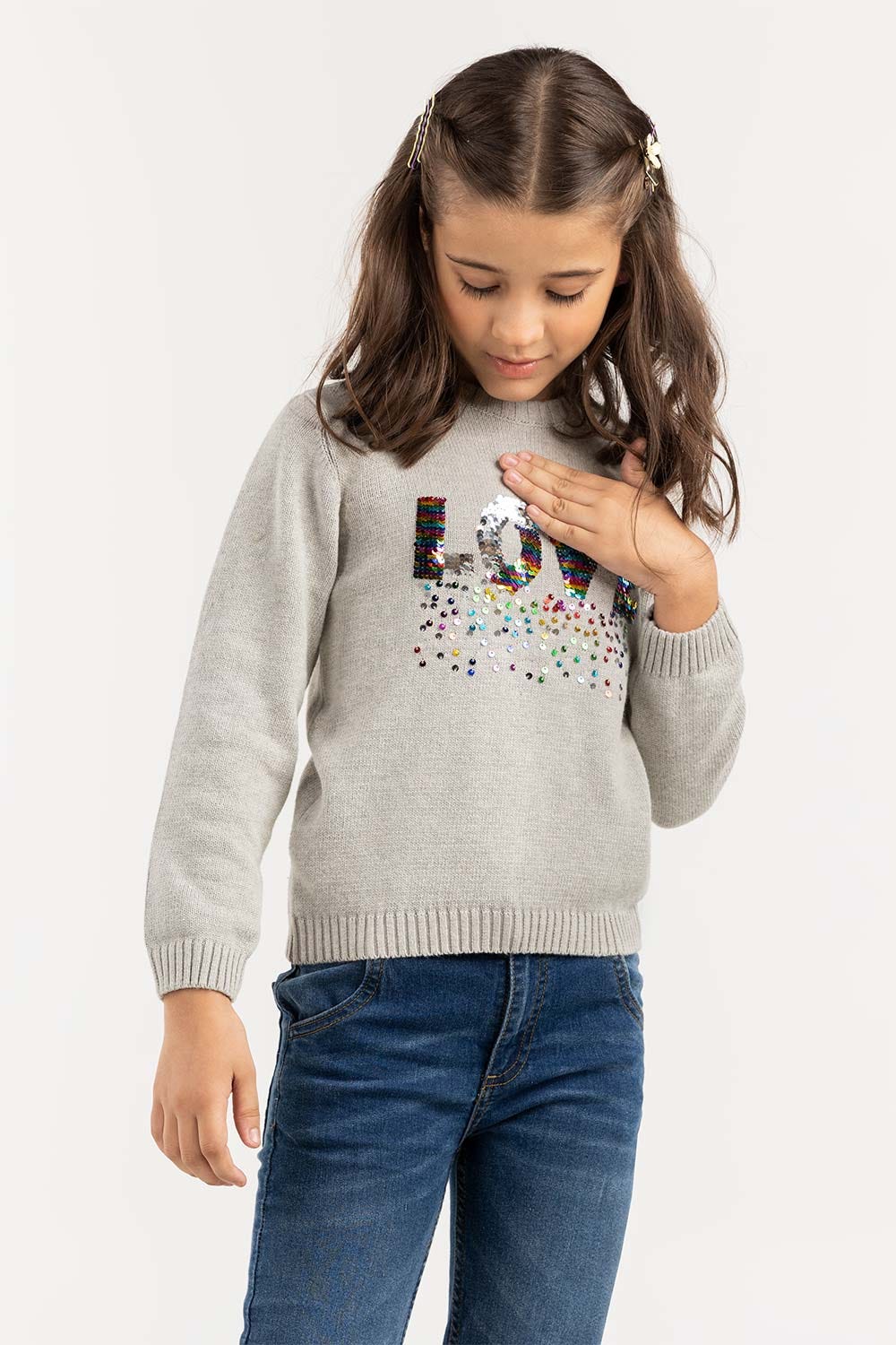 Toddler Girl Grey Sweater With Round Neck 224-611-002